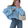 2025 Autumn and Winter Women's Loose Lantern Sleeve Sweater Round Collar Pullover Solid Color Knitted Sweater
