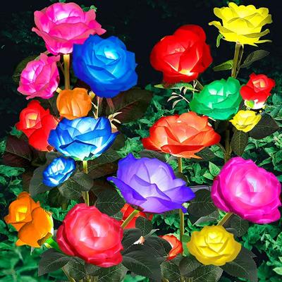 2Pcs Solar Garden Lights Rose Lights IP65 Waterproof LED Landscape Decoration Lights with 3 Rose Flowers for Patio/Yard/Lawn