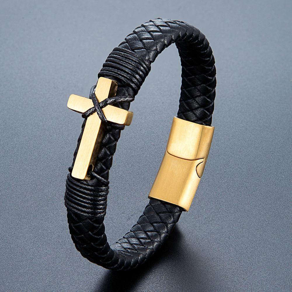 Europe, America, Men s Woven Leather Bracelet, Black Cross, Magnetic Bracelet, Fashion Trend Accessories 2026 19CM