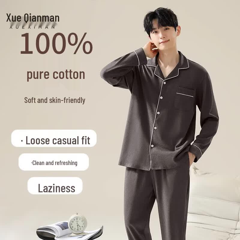 Xueqieman Men s Pure Cotton Long Sleeve Pajama Set XL