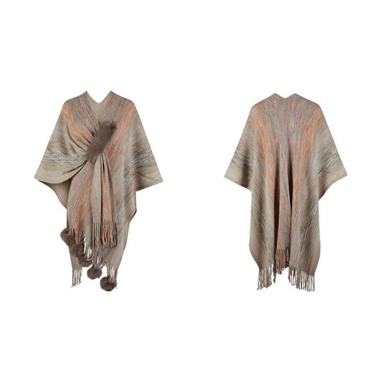 Women Winter V-Neck Loose Knitwear Cardigan Bat Sleeve Cross Border Cloak Autumn Color Collision Sweater