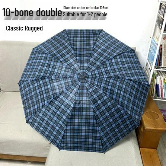 Extra Large Ten-Bone Water-Repellent Plaid Umbrella - British Style for Men & Women, Double/Triple Use