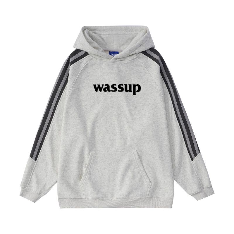 

Wassup Heods Striped Hooded Sweatshirt for Men and Women, Fleece-Lined, Autumn and Winter, Letter Print, Trendy American Style, Couple s Top Gray 2XL