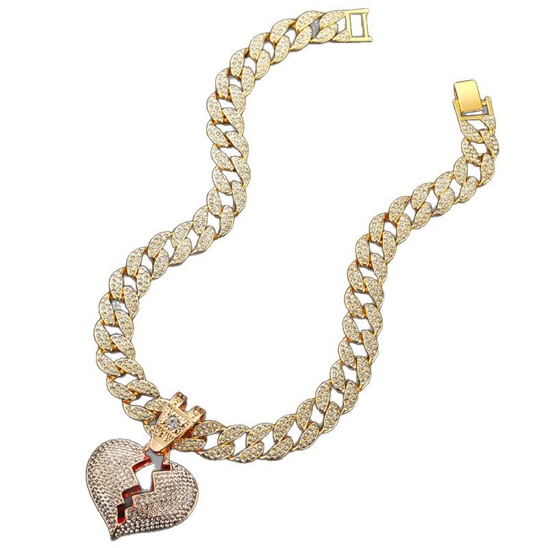 Men's Cuban Chain Hip Hop Necklace with Heart Pendant and Rhinestone Details