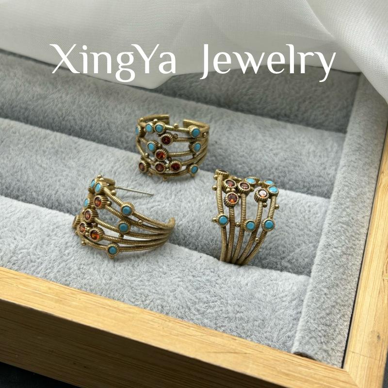 Light Luxury Bohemian Style Zirconium Inlaid Earring Ring Set Vintage Retro Niche
