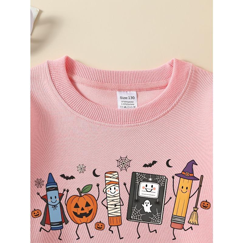 European Sizes Girls' Long-Sleeve Crewneck Sweatshirt "Halloween School Supplies" Printed Top, Casual for Celebrations & Everyday Wear
