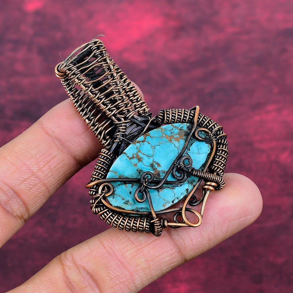 Tibetan Turquoise Pendant Copper Wire Wrapped Pendant Rainbow Moonstone Jewelry Designer Jewelry