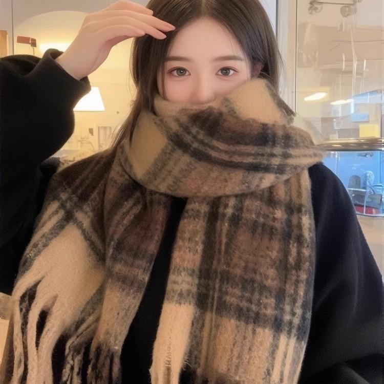 Yu Shuxin Warm Camelade Plaid Scarf Women's Autumn and Winter Retro Versatile Thickened Warm Shawl Scarf