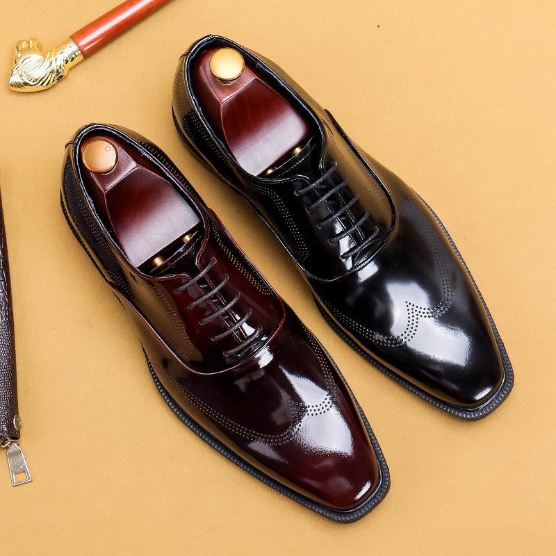 Glossy Leather Shoes Men'S Leather Patent Leather British Carved Business Dress Oxford Shoes Glossy Shoes