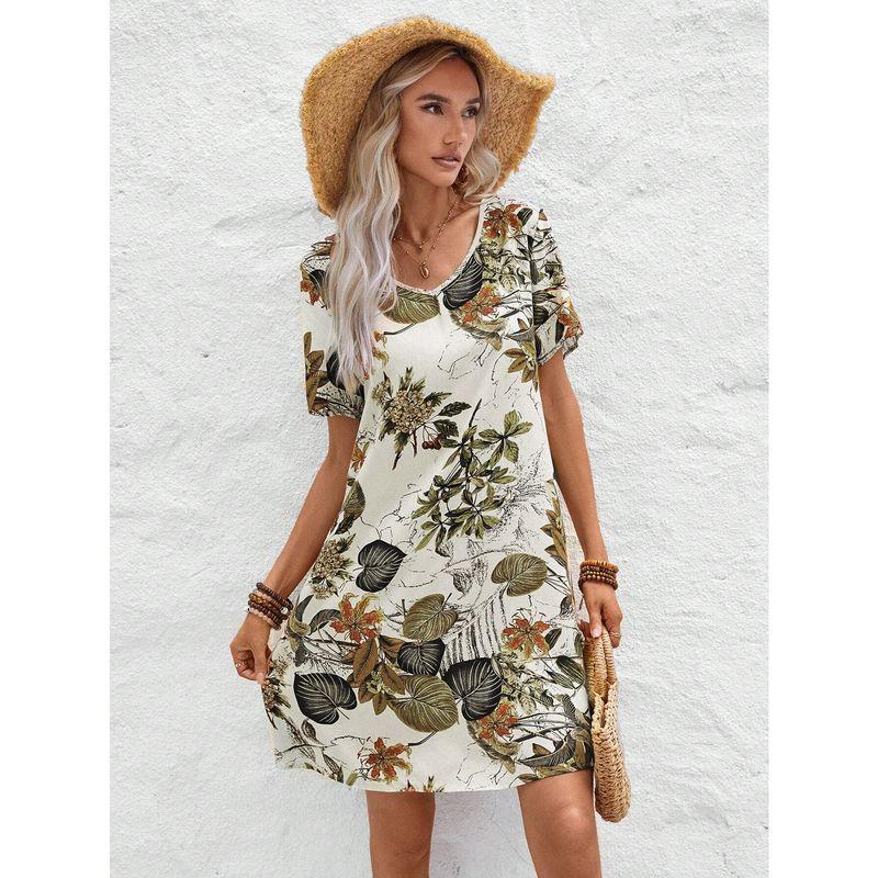 

Fashion Style Fashion plus Size Women V Neck Ethnic Style Floral Slim Looking Artsy Retro Vacation Dress Long Robe Apricot color S