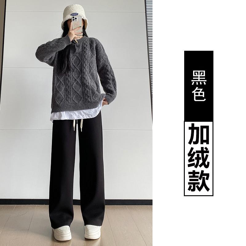 

Winter new velvet women s wool glutinous rice pants thickened straight casual mulberry silk wide-leg pants M чорний