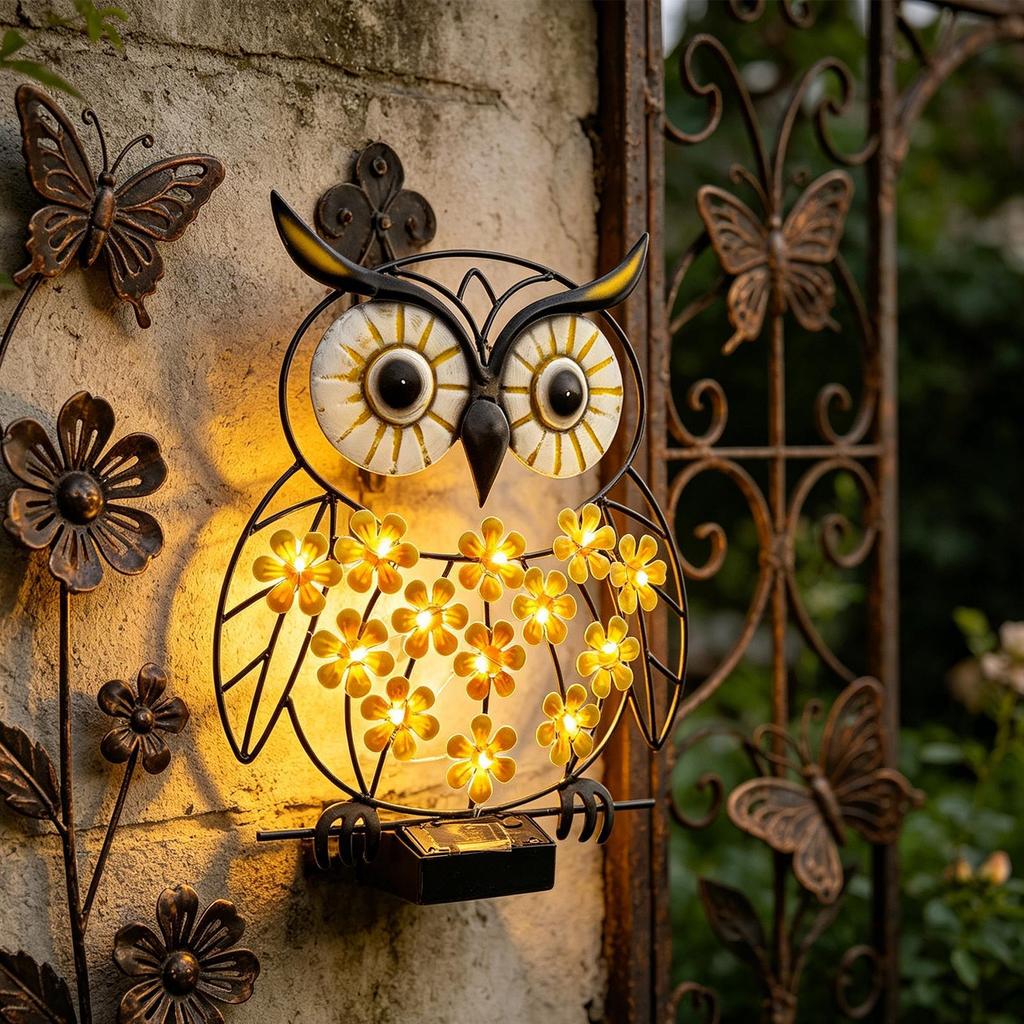 Wall Solar Lights Outdoor Weatherproof Metal Waterproof Sculpture Solar Powered Owl Wall Art for Garden Yard Pathway Lawn Fence