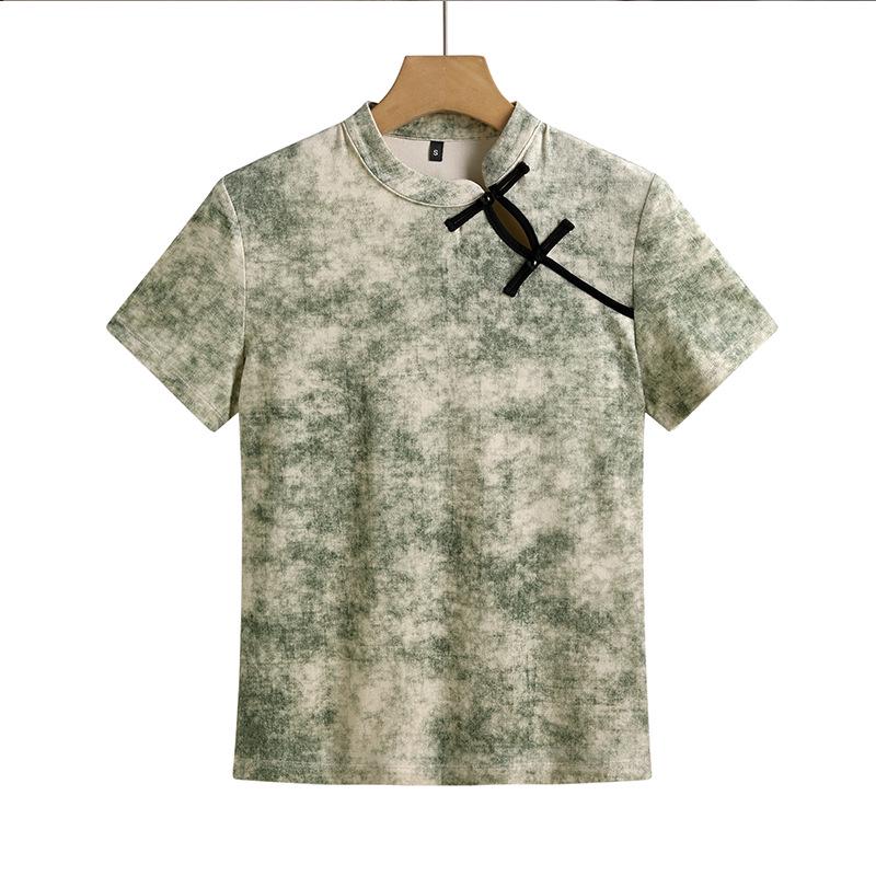 

2025 Женская модная футболка тай-дай с застежкой-лягушкой S зелёный