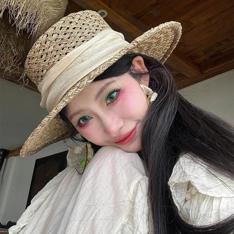 Old Money Wind Hollow Flat Top Salty Grass Woven Hollow Straw Hat Female Summer French Seaside Beach Sun Protection Hat Sun Hat