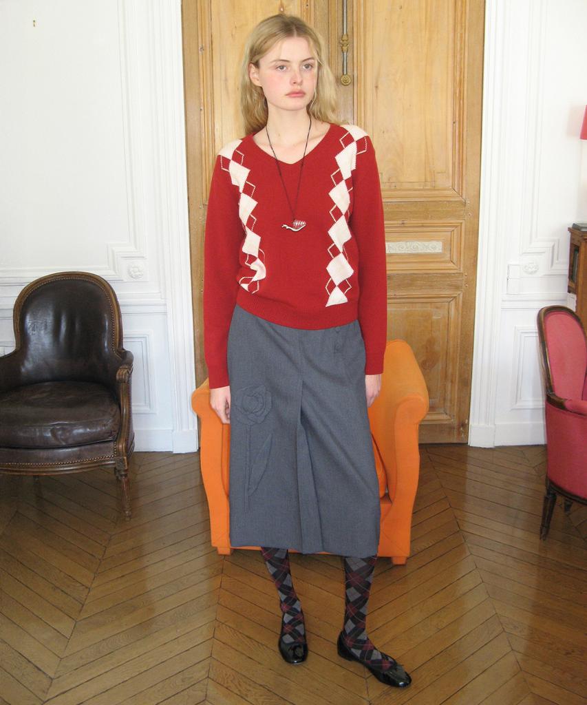 SINOON Sn Twin Argyle V-Neck Knit (Red)
