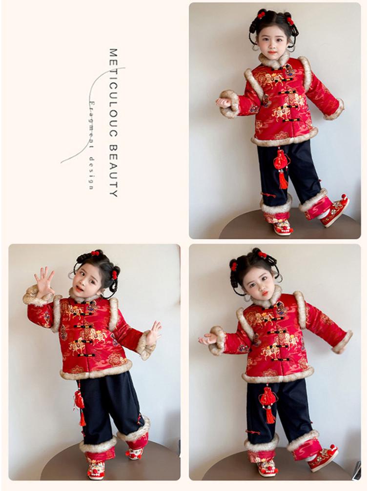Plus Velvet Girls' New Year Tang Suit - Winter 2025 Two-Piece Set, Children's Chinese Style Outfit