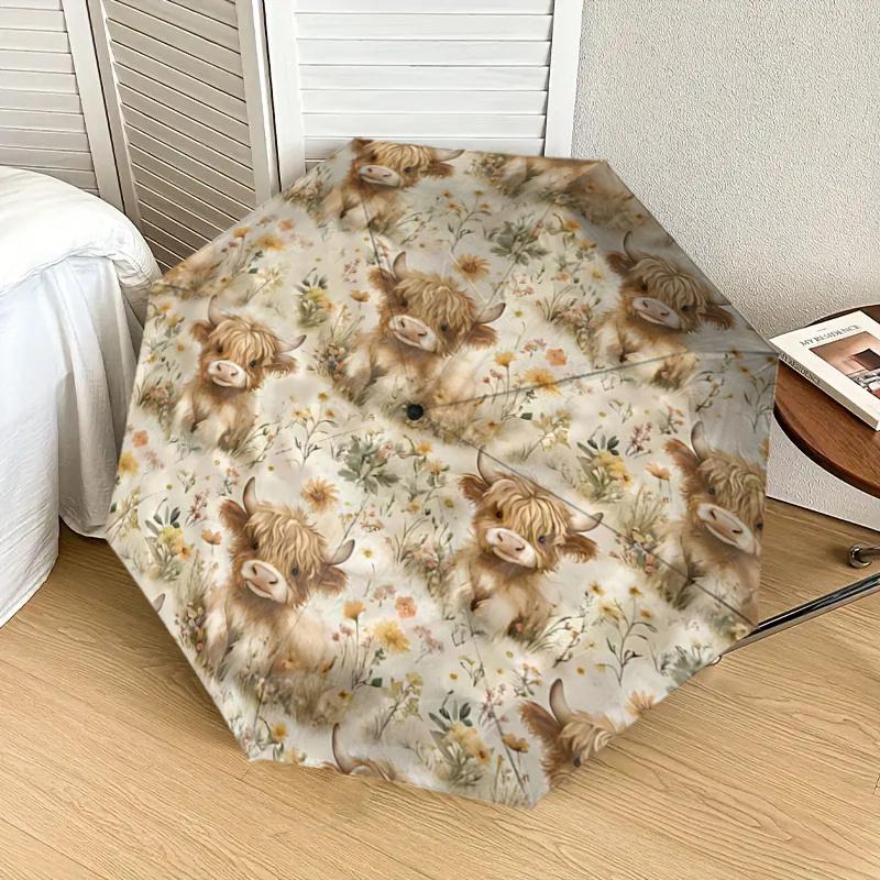Schottische Hochlandkuh mit Blumenmuster Regenschirm - Automatisches Öffnen & Schließen, Tragbares 3-fach faltbares Design, 8-Speichen Stahlgestell, Für den Außenbereich, Festliches Geschenk für