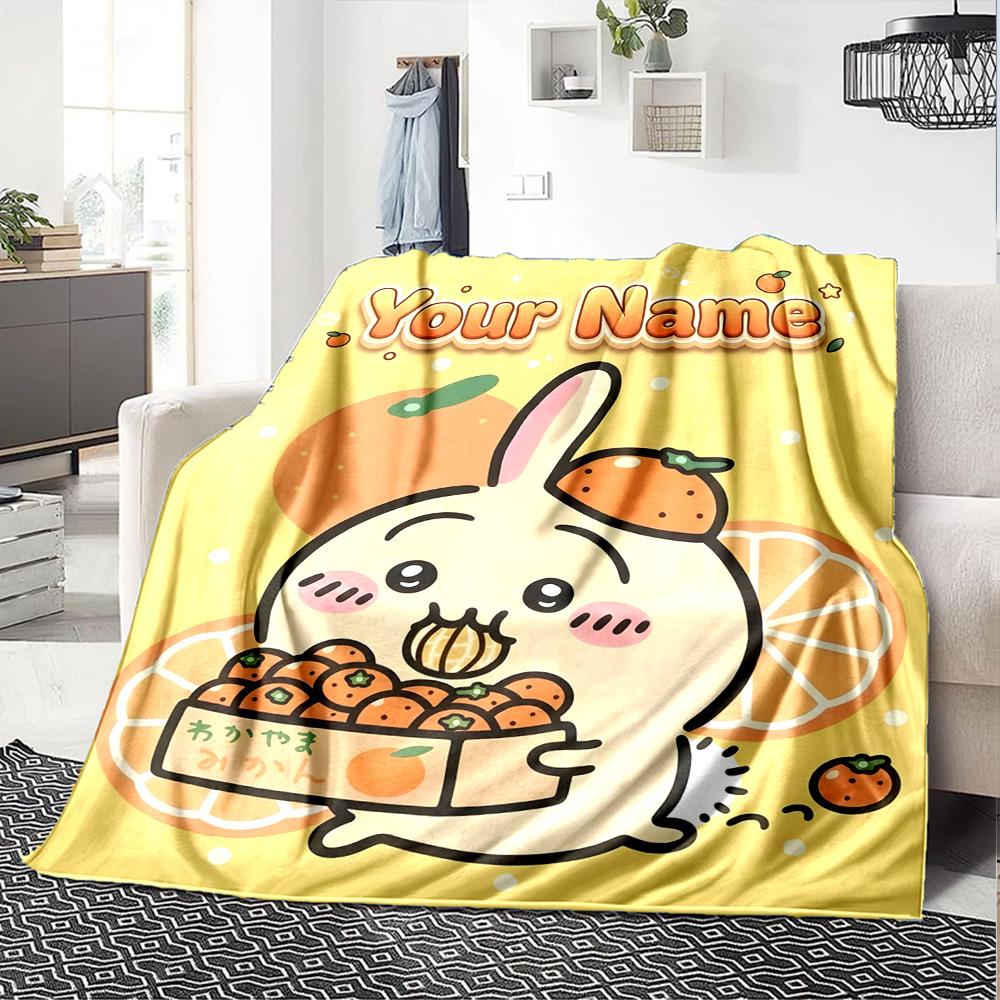 1pc Chiikawa Blanket with Custom Name, Gift, for Men and Women, Soft Blanket, Good for Sofa Bed Couch Travel, Lightweight Flannel Blanket