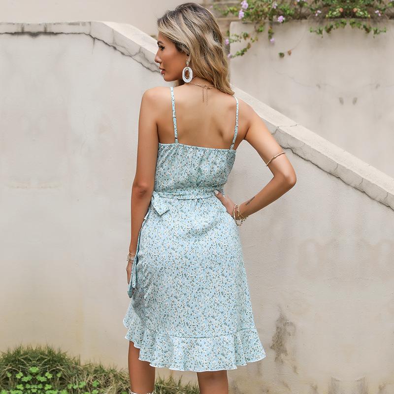 Summer Backless Ruffle Edge Suspender Skirt Lace-up Small Floral Beach Skirt Cross-border Foreign Trade Peach Heart Collar Dress