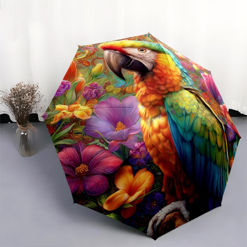 Flower Parrot Pattern, Automatic Folding Umbrella, Portable and Foldable Design, 8 Ribs, a Christmas or Birthday Gift.