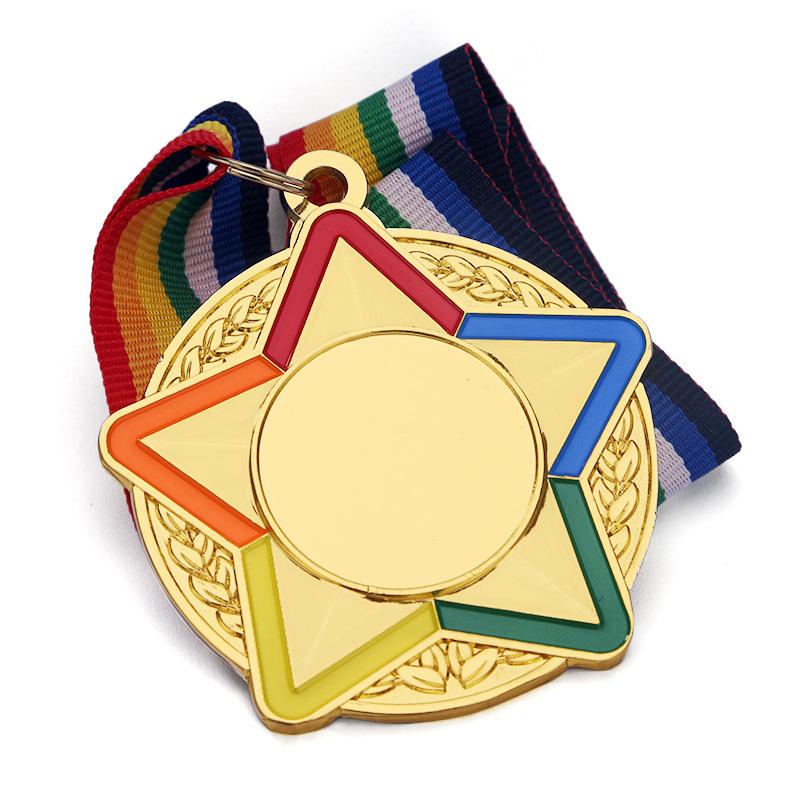 1 st Flerfärgad Femstjärnig Medalj Med Färgat Band Guld Silver Koppar Färg Medalj För Olika Tävlingar Souvenir Tomma Medaljer