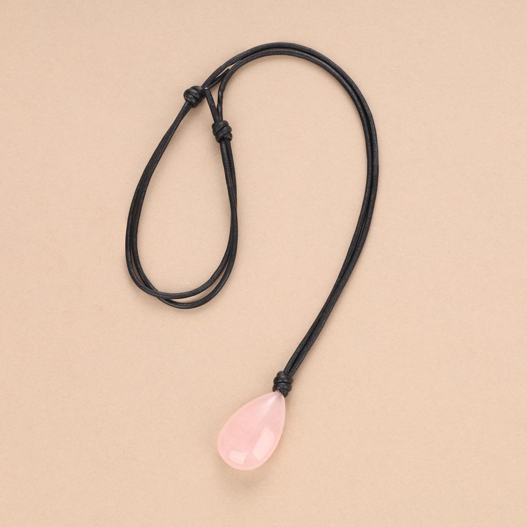 Rose Quartz Teardrop Love Charm Leather Necklace for Men and Women [KOAI]