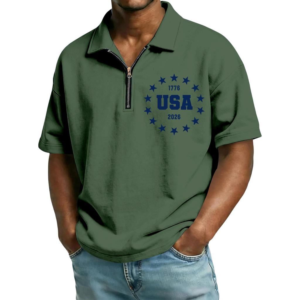 Men's Casual Loose Fit Polo Shirt with Zip Front Collar and Star Circle Letter Print USA Graphic Short Sleeve Top for Summer