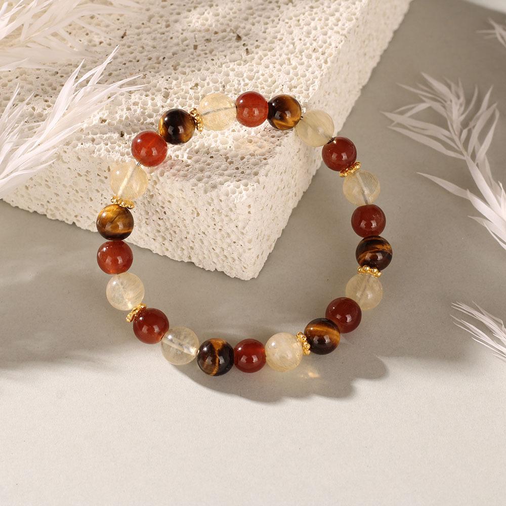 Festive Gifts Red Agate And Citrine Beaded Bracelet With Gold Accents Warm Fashion Jewelry Daily Wear Simple Versatile Accessory