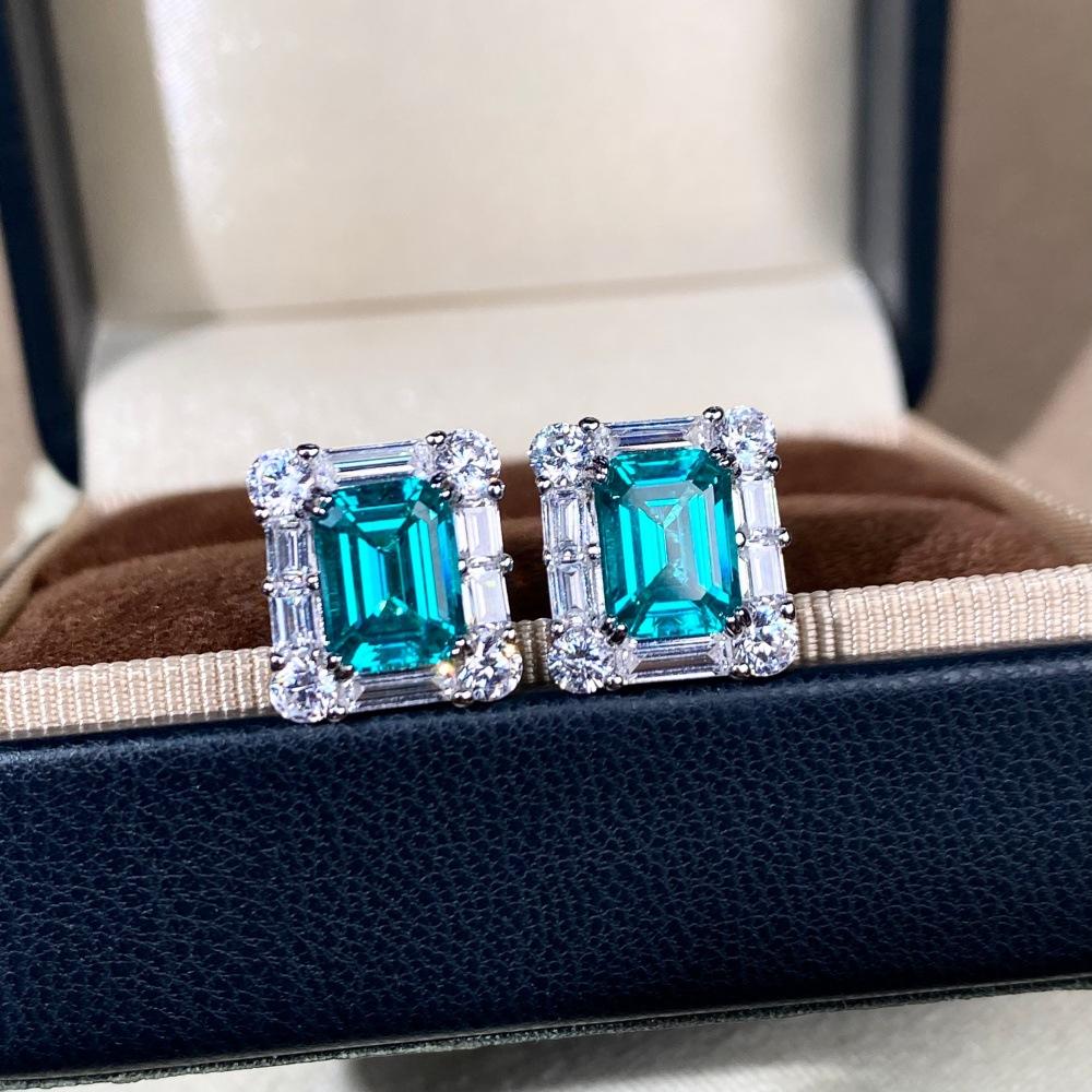 Labor Zuchtdiamant Paraiba Ohrringe 925er Reinsilber Ohrringe quadratisch Tasche Einfach Vier-Krappen Klassische Ohrringe Schmuck