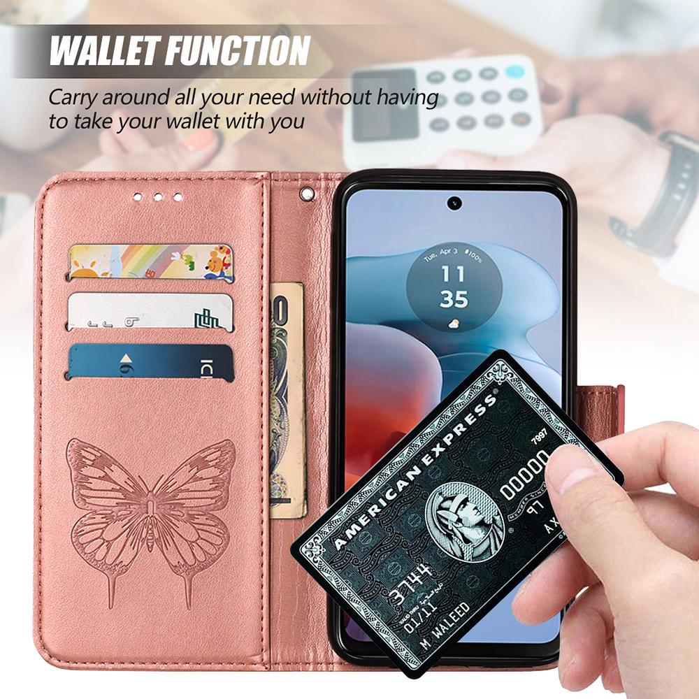 For Motorola Moto G45 5G/G34 5G Wallet Case with Wrist Strap Butterfly Imprint Leather Phone Cover
