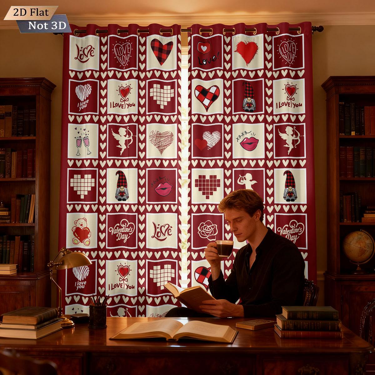 

Fabric Splicing Love Valentine Day Print Perforated Curtains Multi Size Living Room Insulation Holiday Decoration Blackout Polyester Sitting Window W100*H70(CM)-Hooks&1PCS