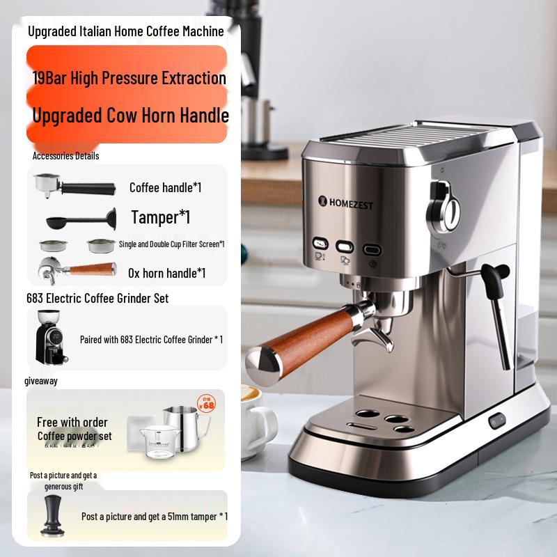 Cross Semi-Automatic Italian Espresso Machine with 19-Bar Pressure and Milk Frother for Home or Office Use