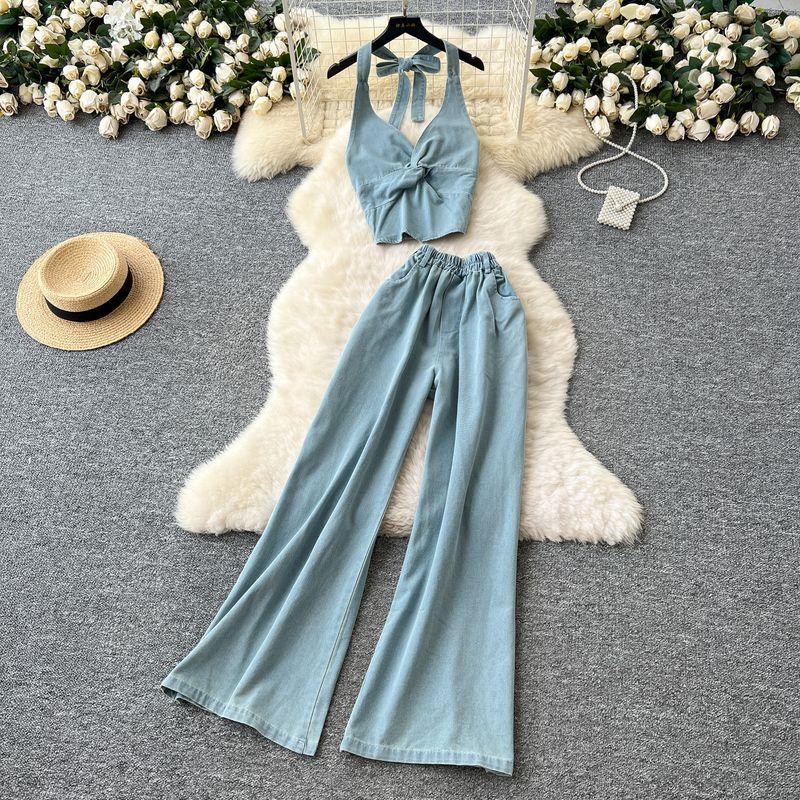 Casual Set Women Korean Fashion Summer Clothing Scheming Twist Hanging Neck Sling Denim Top High Waist Wide Leg Straight Pants