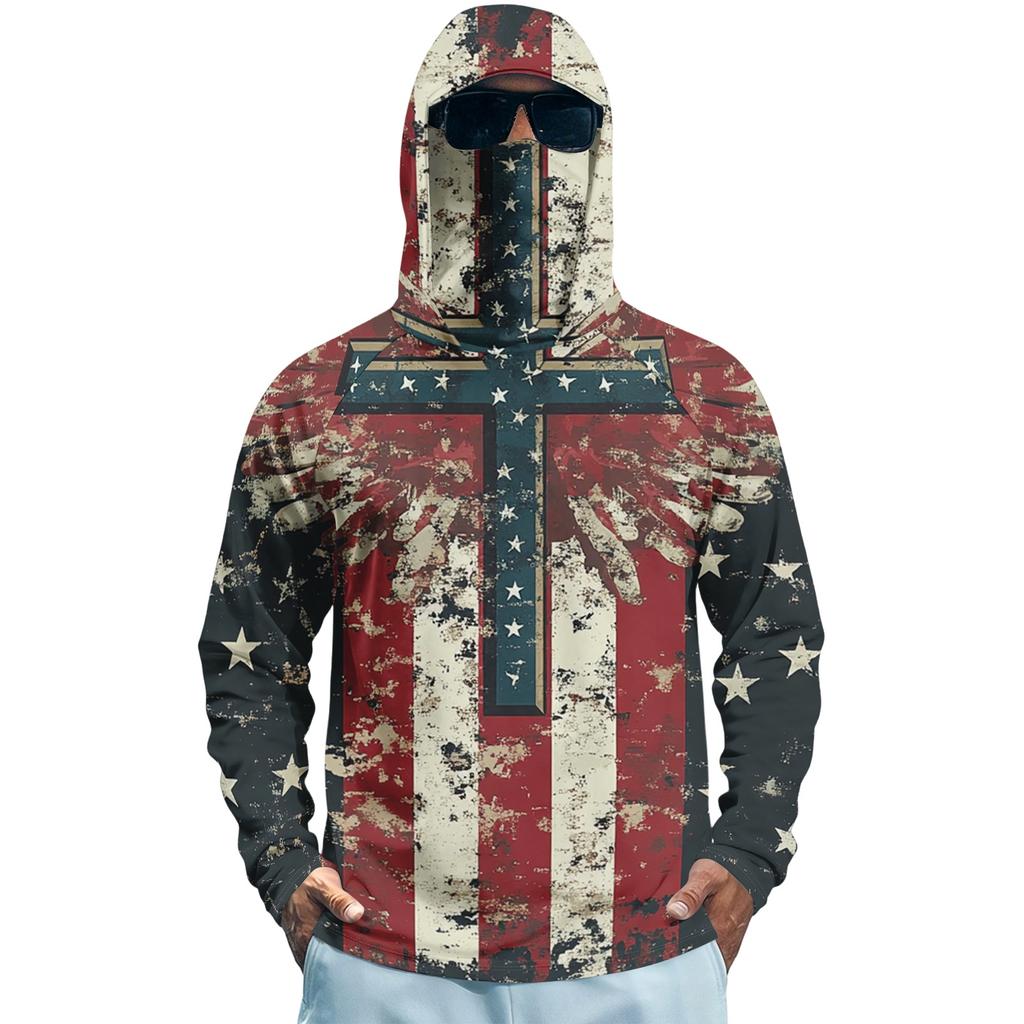 Men’s Long Sleeve Hooded Sun Protection Shirt with Flag and Cross Print Quick Dry Lightweight Athletic Top for Outdoor Sports Fishing Fitness