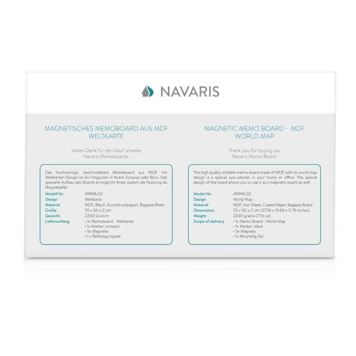 Magnettafel - Navaris - 70 x 50 cm - Weltkarten-Design - Abwischbar - 5 Magnete inklusive