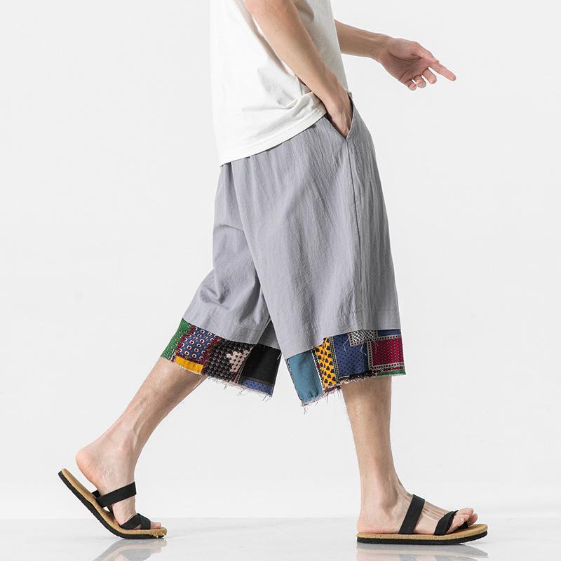 Chinese style summer new large size shorts men's splicing cotton and linen loose casual pants fashion cotton and linen cropped pants