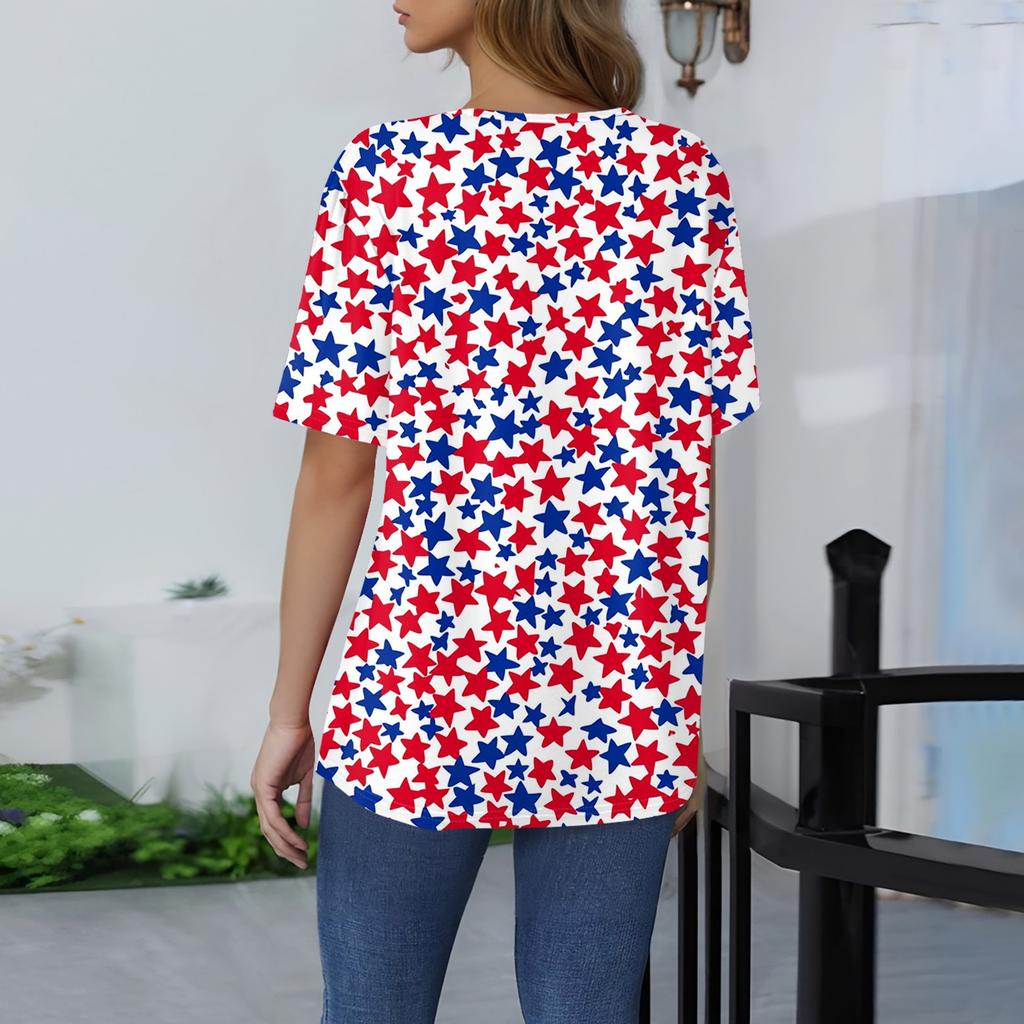 Damski modny, swobodny, krótki rękaw, guziki, nadruk, okrągły dekolt, bluzka typu pullover