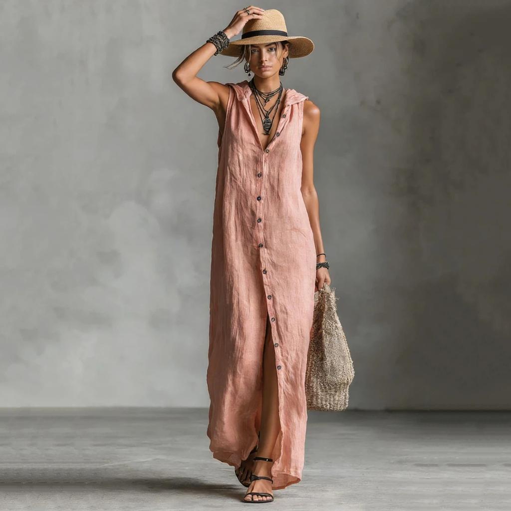 Button Up Dress, Sleeveless Hooded Long Skirt, Women's Clothing
