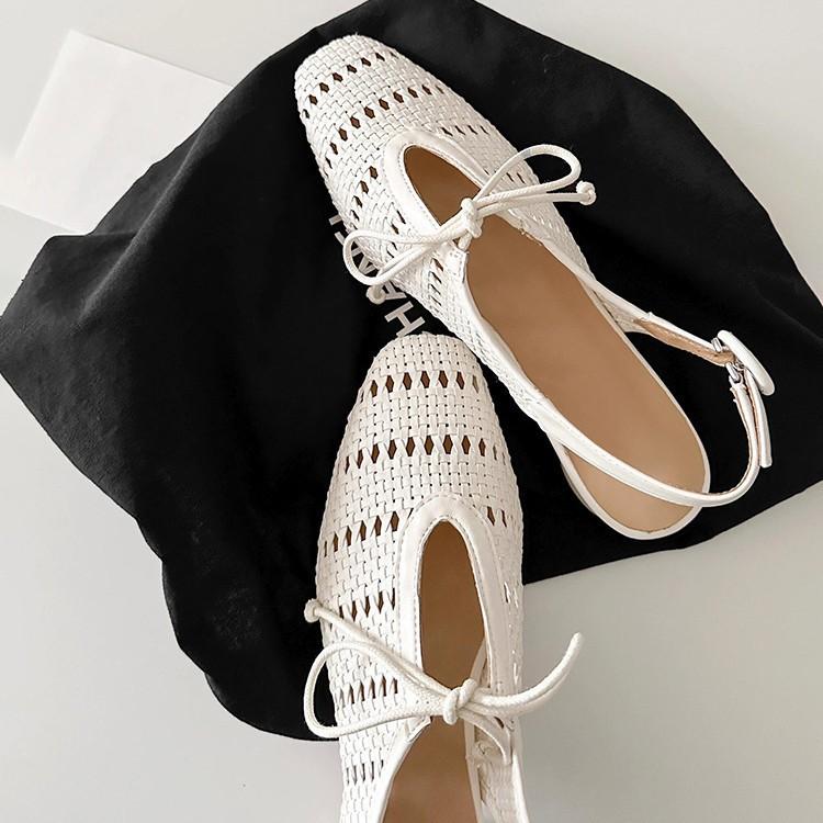 Sheepskin version~ woven hollow outer wear holiday shoes women's bow with buckle back empty sandals