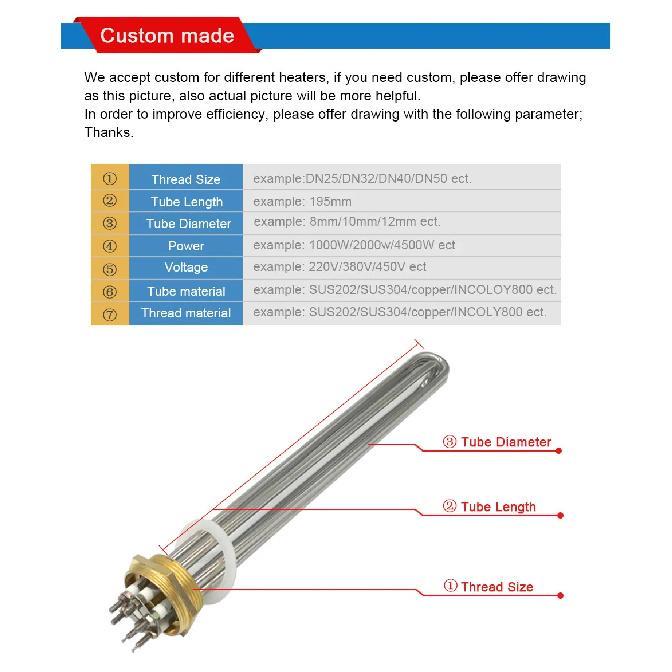LJXH 304 Stainless Steel 220V/380V DN32(41mm) Tubular Water Heating Element 3KW/4.5KW/6KW/9KW/12KW