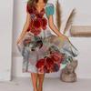 V-Neck Short Sleeve Large Hem Midi Dress Colorful Flower Printing Ladies Casual Dress