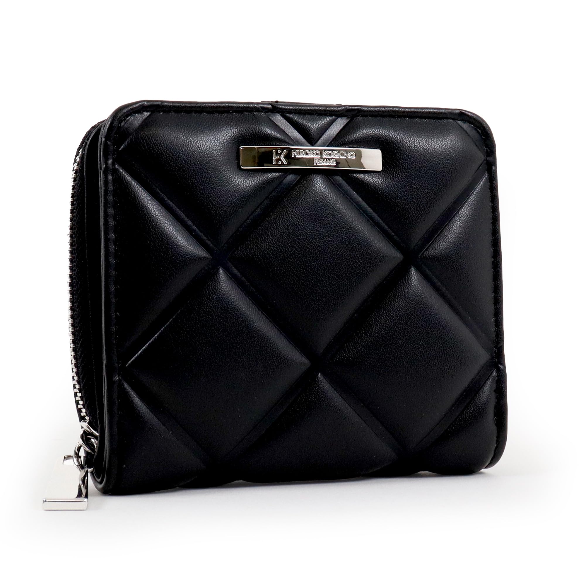 

Hiroko Koshino Femme Bifold Wallet with Round Compact Quilted Waffle Pattern Women s Zipper, Design, (Black) чорний