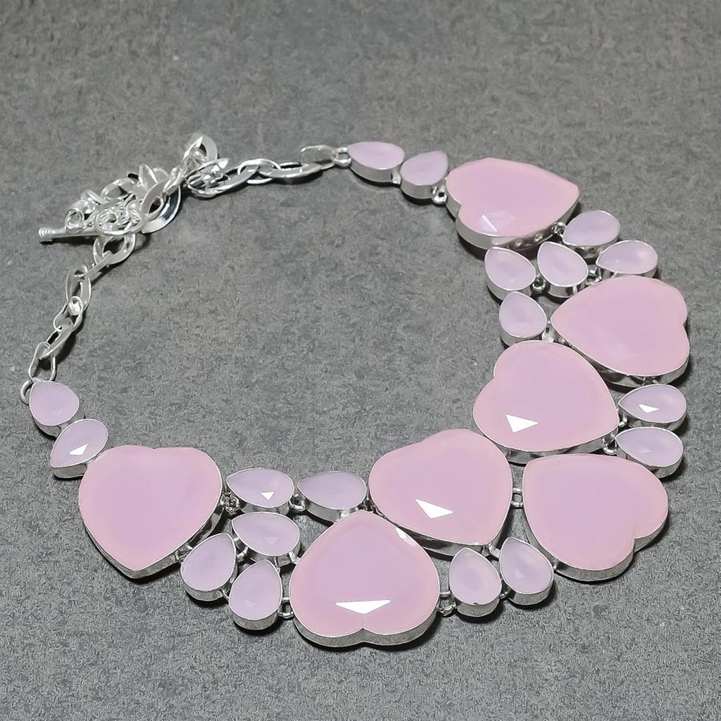Lab Created Rose Quartz Necklace 18 Inch Adjustable Chain Gemstone Silver Tone