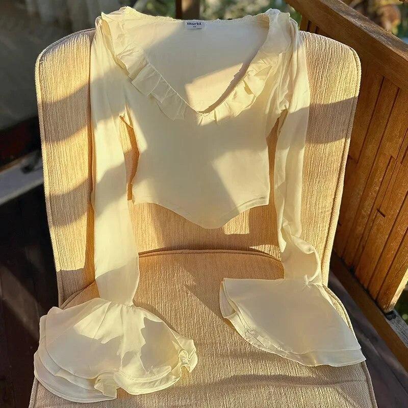 

Осенняя тонкая женская футболка на шнуровке Y2K с рюшами, расклешенные укороченные футболки с длинными рукавами, топы с круглым вырезом, однотонные хлопковые футболки для женщин 29849 S абрикосовый