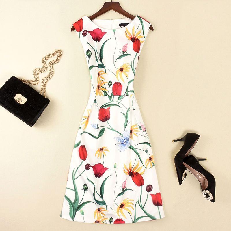 

European Station Summer Classy Women s Dress Ladies Fashion A- line Sleeveless Waist French Vest Print Dress White S