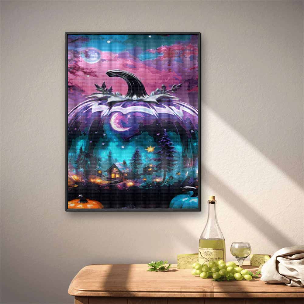 5D Diamond Painting Kit Purple Pumpkin Landscape Moonlight Cabin Pattern DIY Rhinestone Art Canvas Relaxing Craft for Wall Decor Gift