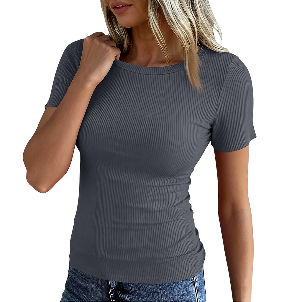 Ladies Slim Bottom T-shirt Fashion Casual Colour Round Neck Pullover Short Sleeve Top