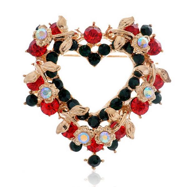 Crystal Diamond Heart Gold Christmas Brooch Gift Zhenyao Jewelry