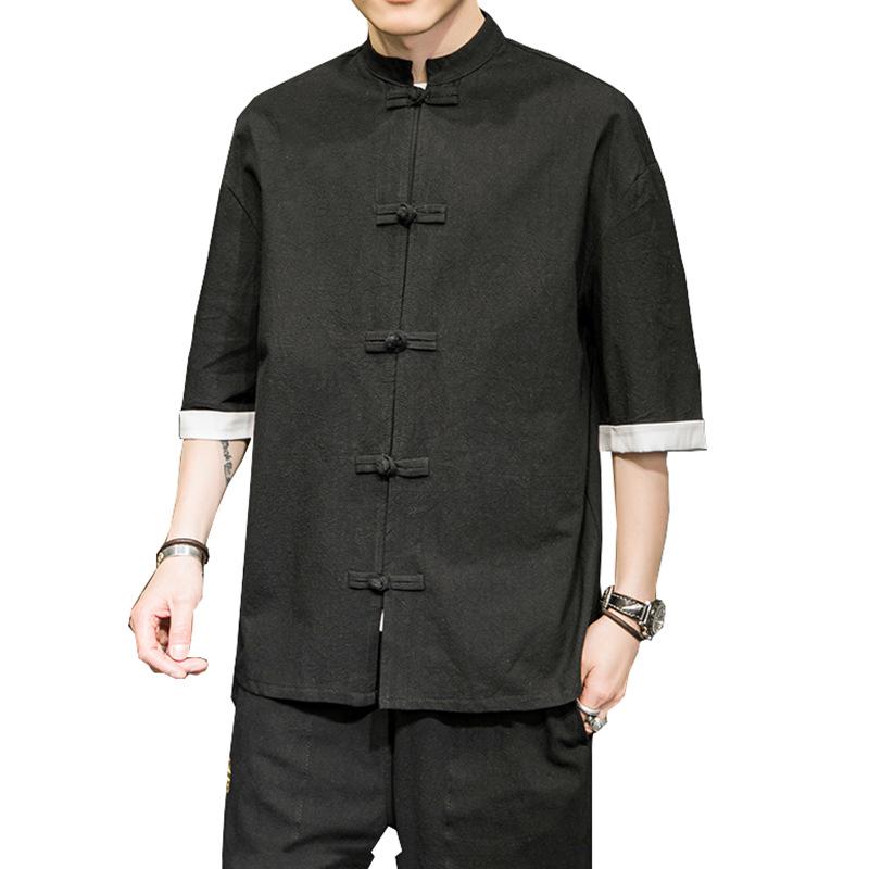 Men’s Summer Ice Silk Chinese Buttoned Short-Sleeve Tang Suit Shirt, Cotton-Linen Hanfu Zhongshan Retro Style