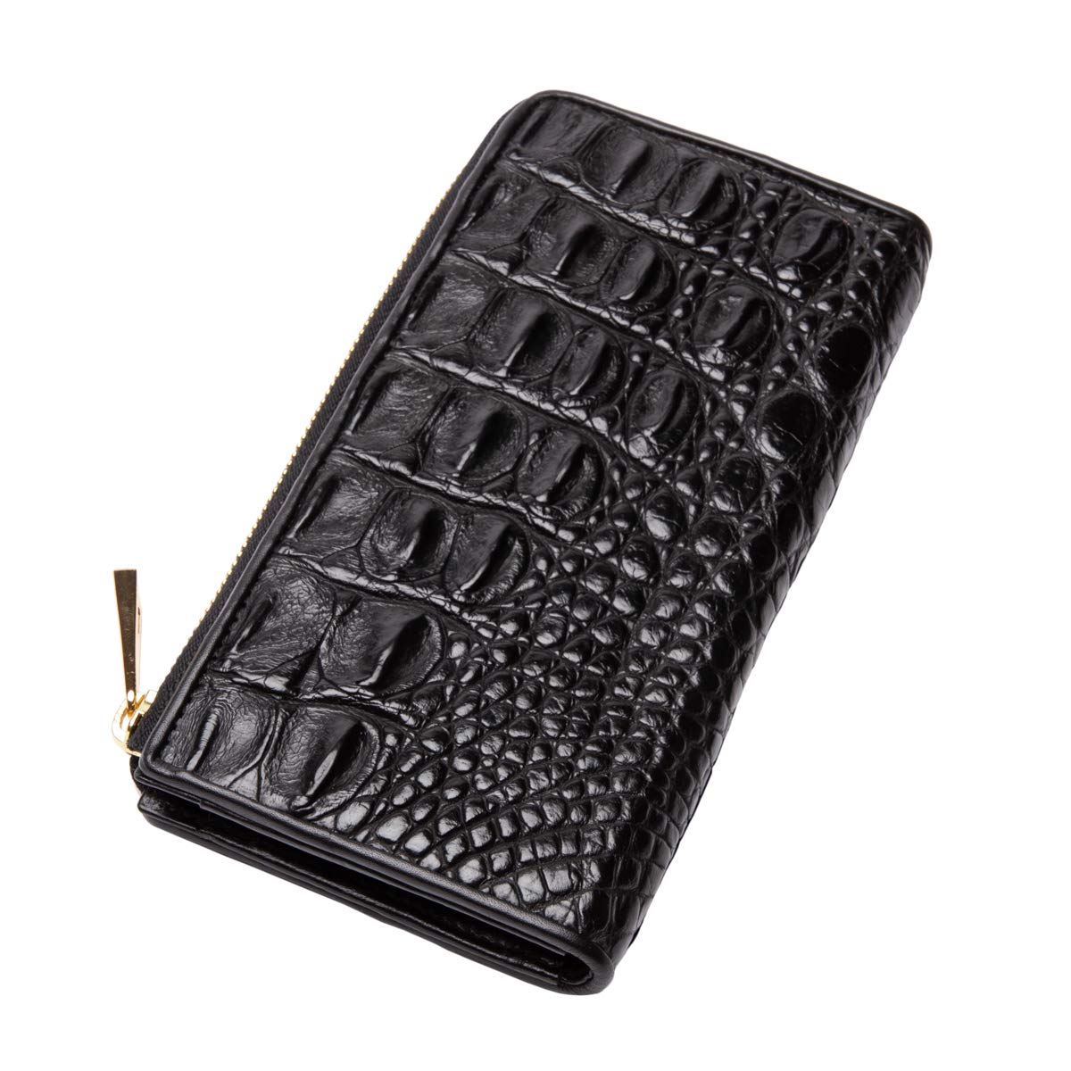 

[Revetta] Crocodile Leather Long Wallet, L-Shaped, Men s, Genuine Leather, Round Zipper, Black, Matte Finish, with Gold Python Interior [081-5crw]